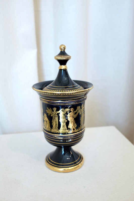 Greek Gilt Blue Porcelain Lidded Urn, Sphathas Karamik