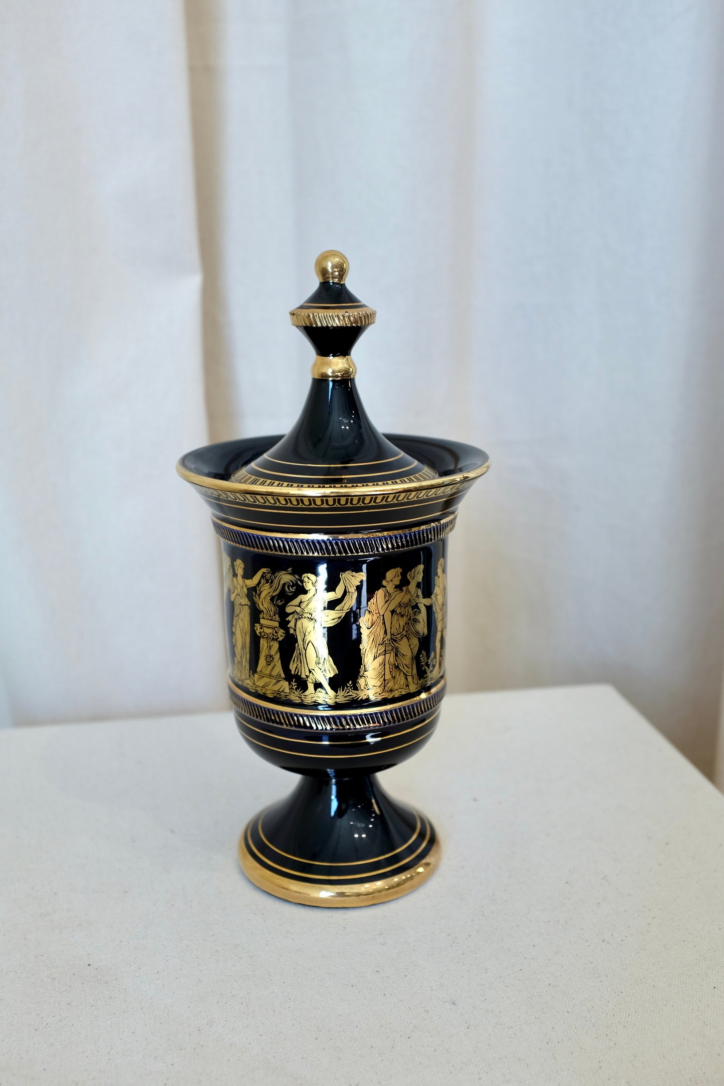 Greek Gilt Blue Porcelain Lidded Urn, Sphathas Karamik