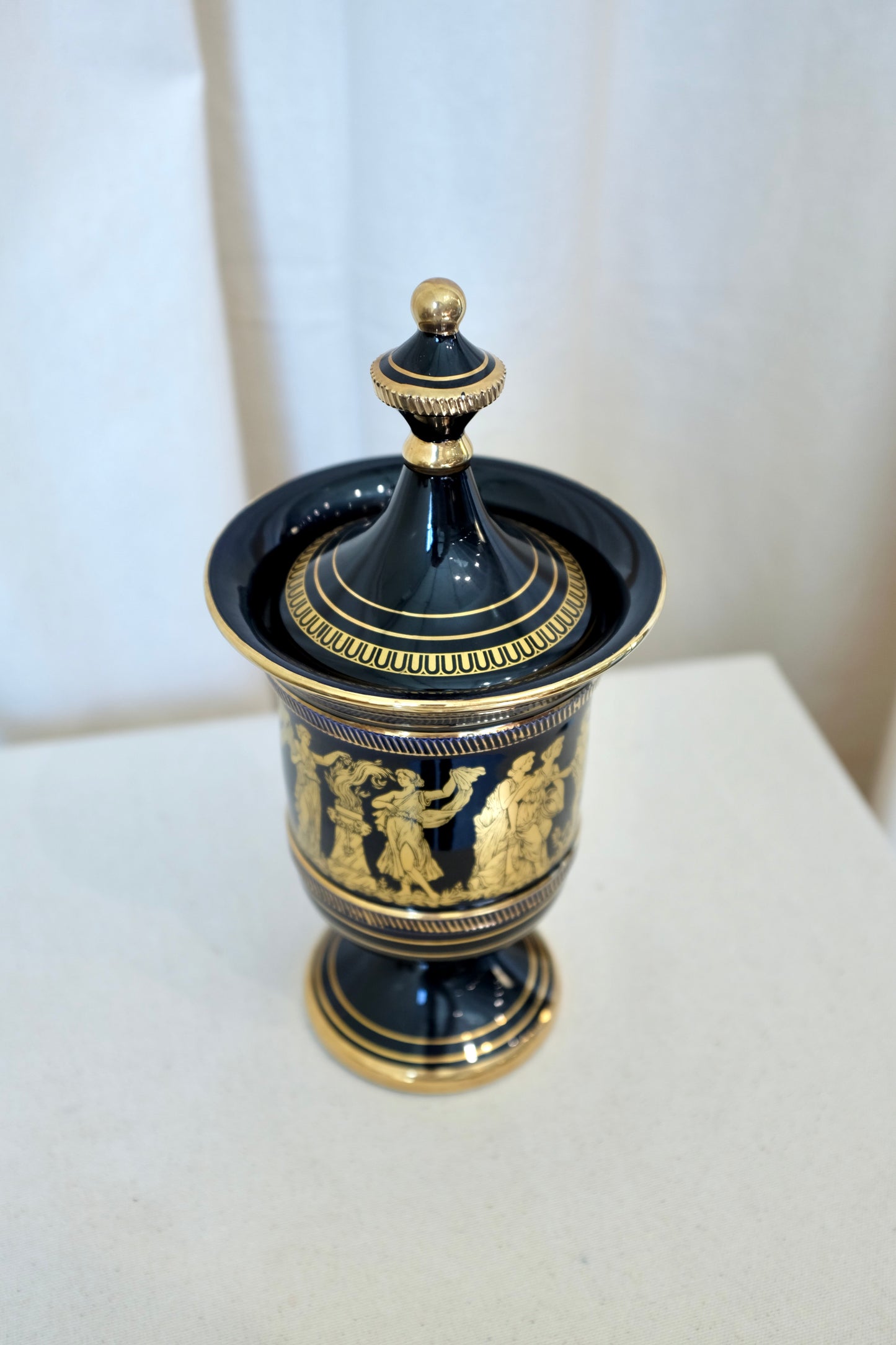Greek Gilt Blue Porcelain Lidded Urn, Sphathas Karamik