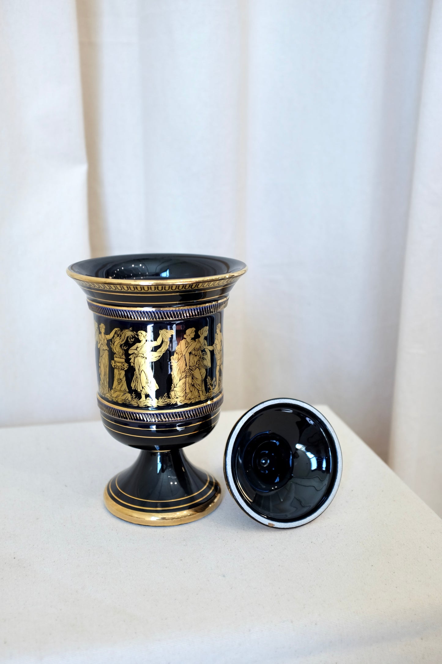 Greek Gilt Blue Porcelain Lidded Urn, Sphathas Karamik