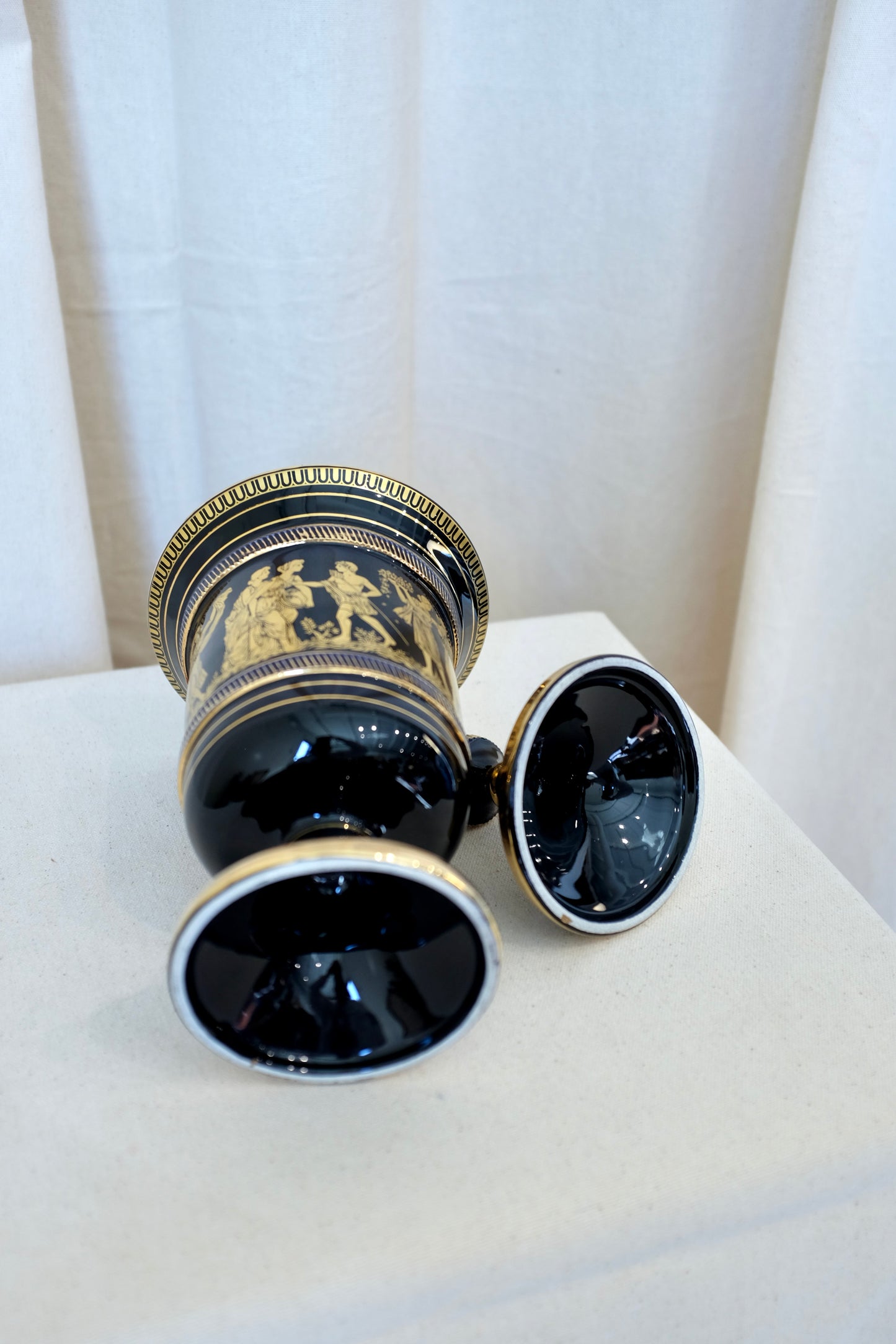 Greek Gilt Blue Porcelain Lidded Urn, Sphathas Karamik