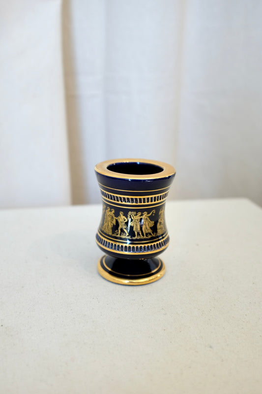 Greek Gilt Blue Porcelain Small Urn Vase, Sphathas Karamik