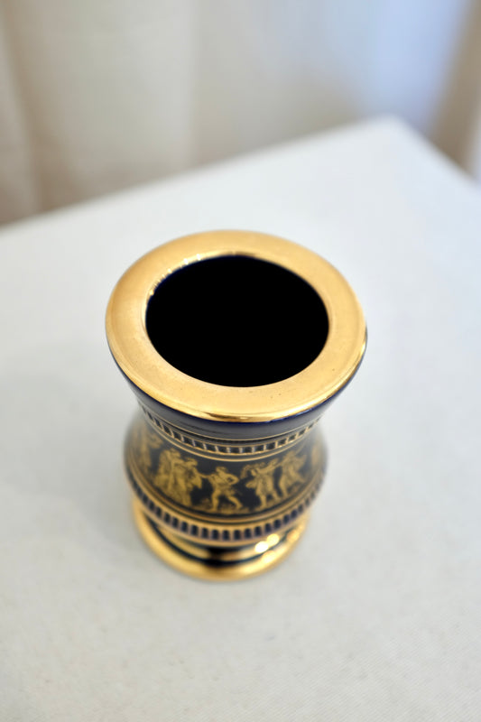 Greek Gilt Blue Porcelain Small Urn Vase, Sphathas Karamik