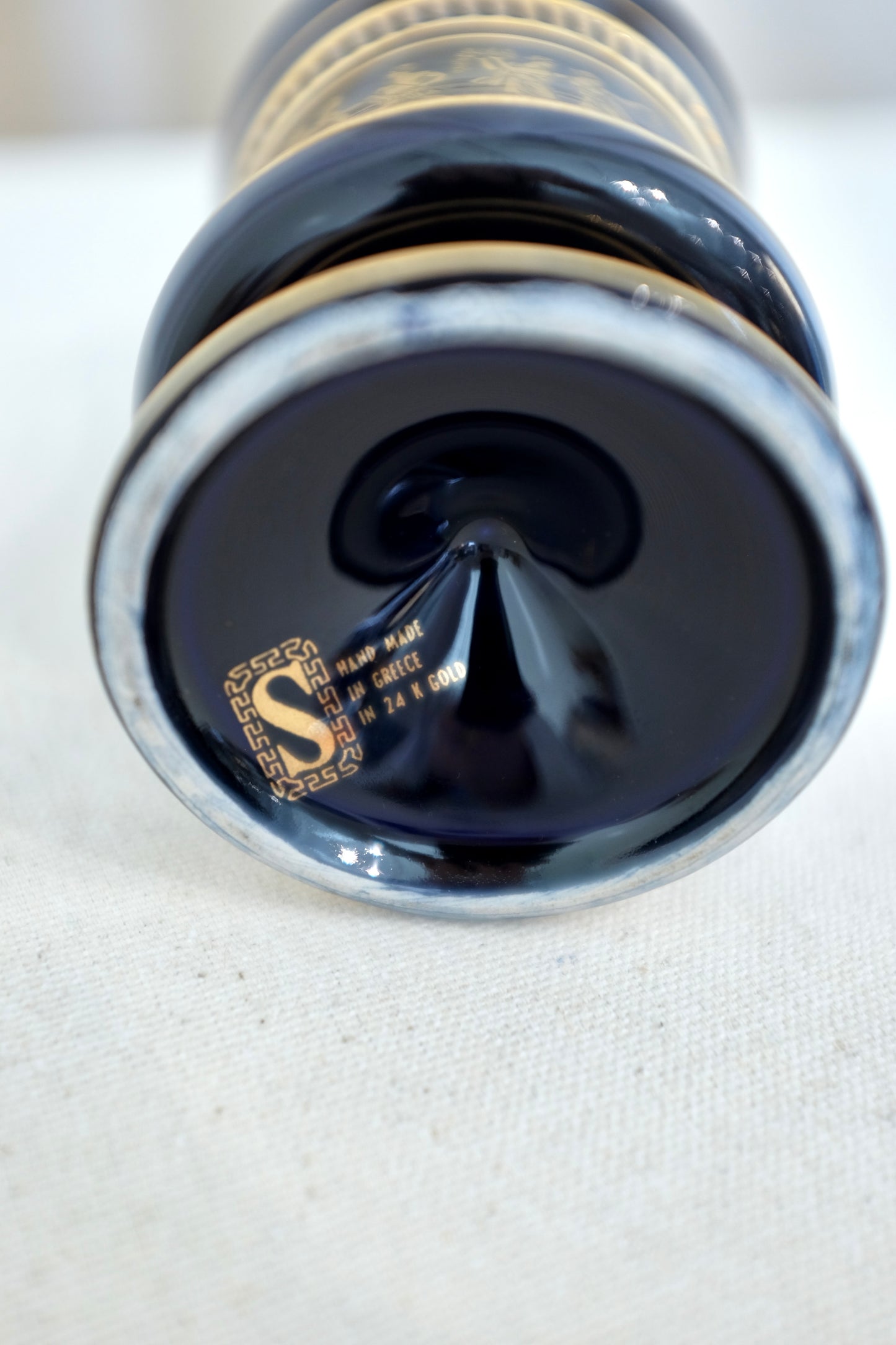 Greek Gilt Blue Porcelain Small Urn Vase, Sphathas Karamik