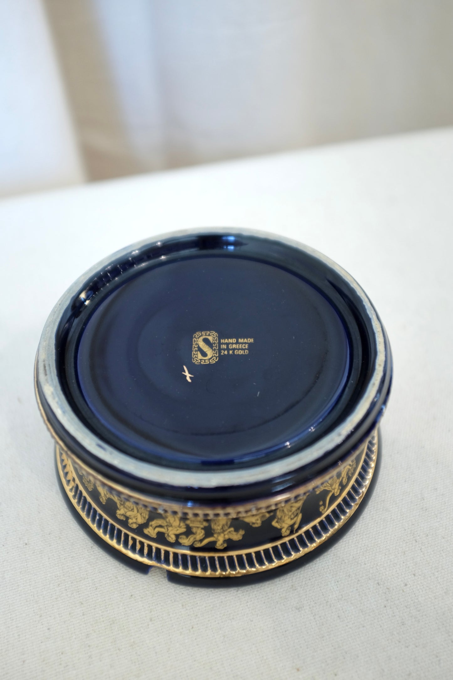 Greek Gilt Blue Porcelain Ashtray, Sphathas Karamik