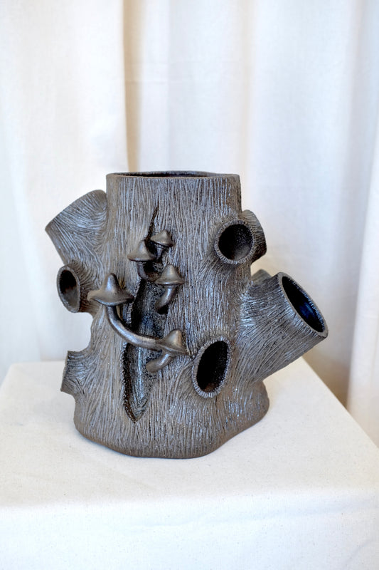 Faux Bois Ceramic Tree Stump with Mushrooms, Ben North