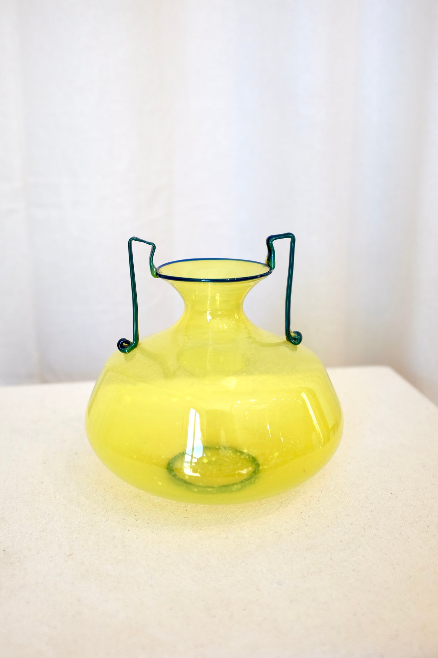 Yellow Murano Glass Vase with Dark Blue Handles