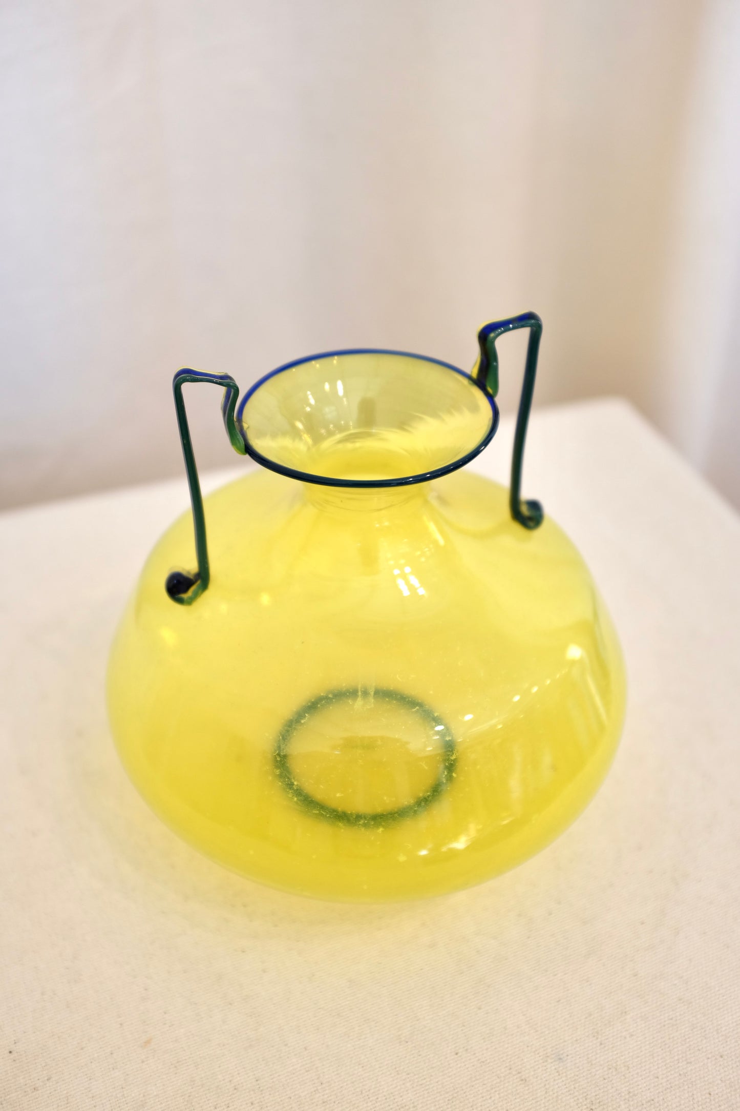 Yellow Murano Glass Vase with Dark Blue Handles