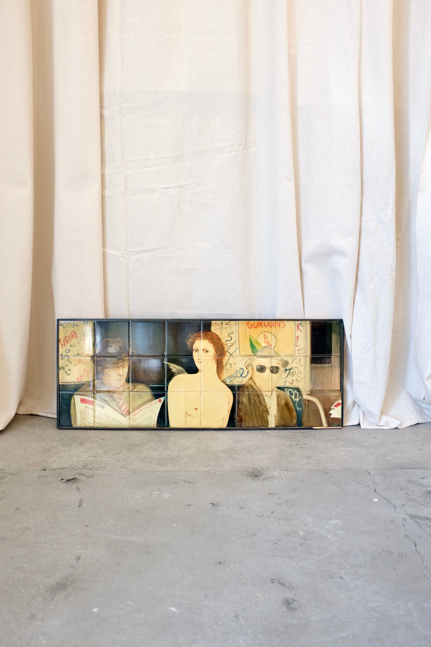 Painting on Tile of Angel and Men on the Subway