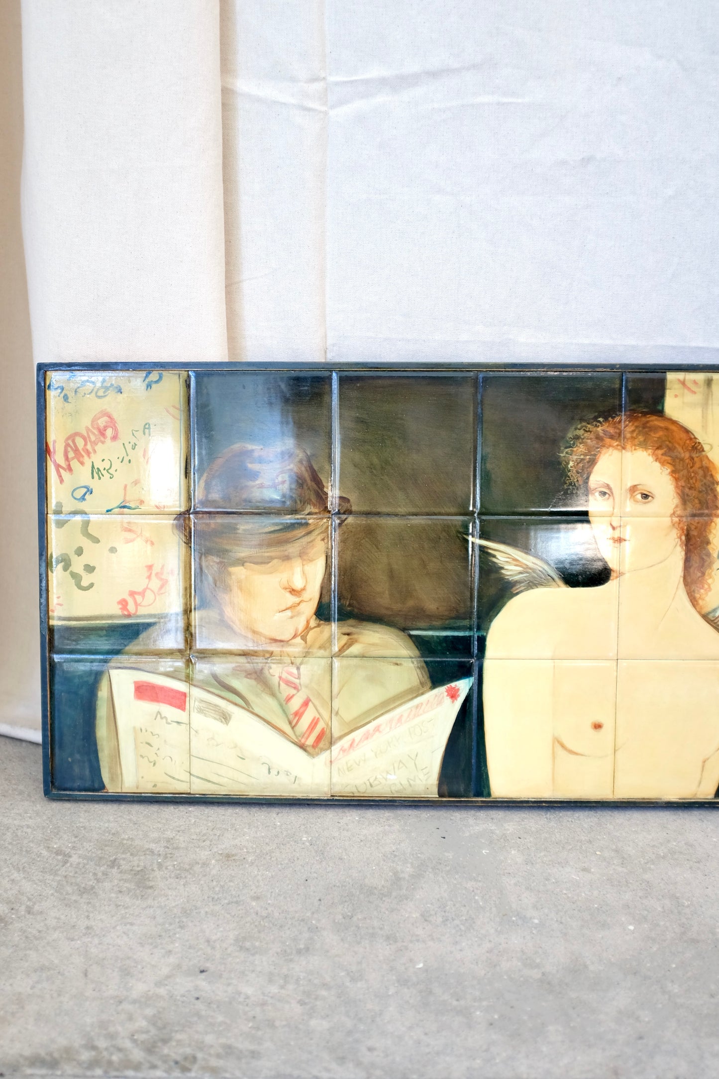 Painting on Tile of Angel and Men on the Subway