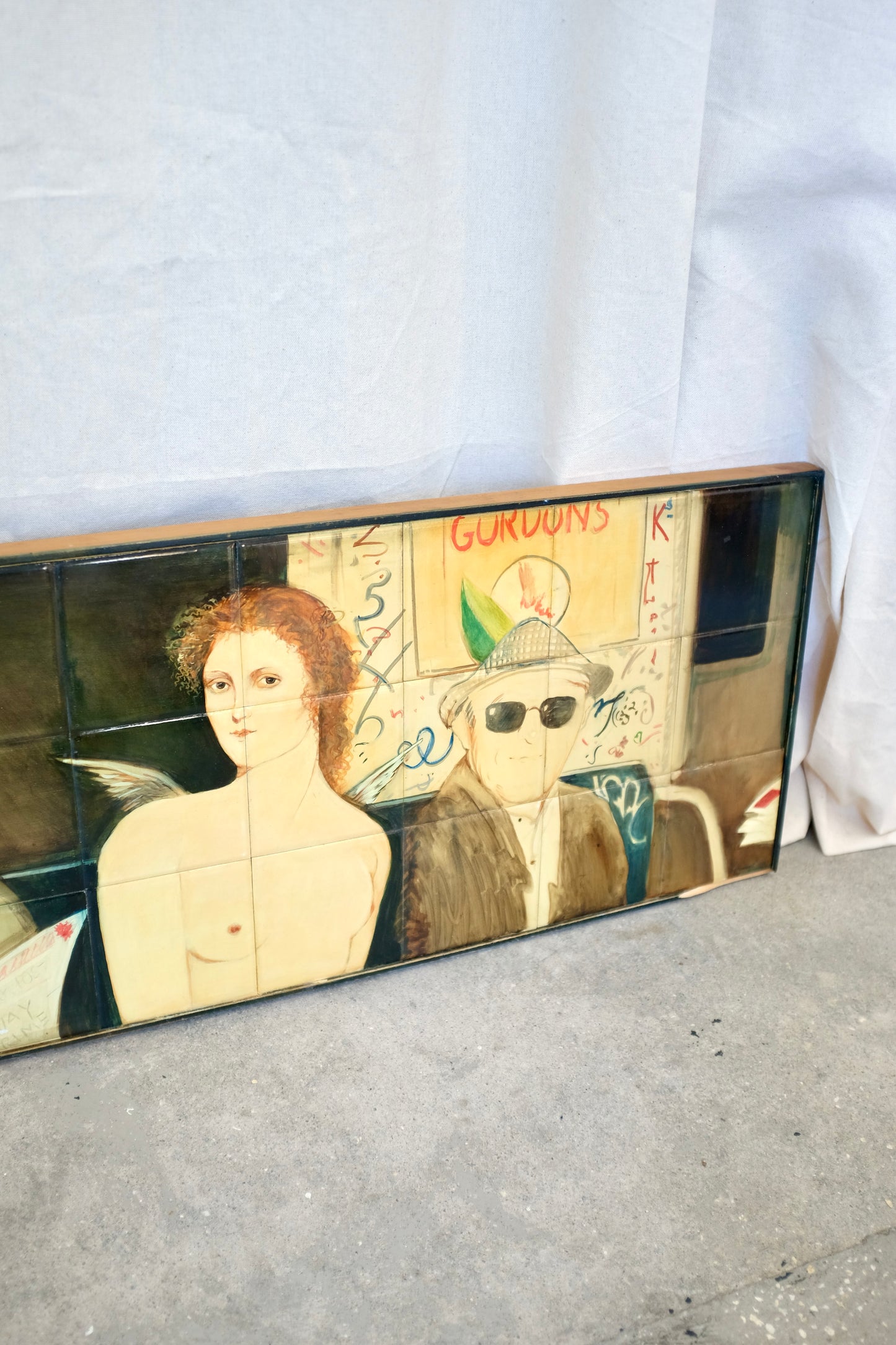 Painting on Tile of Angel and Men on the Subway