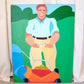 Man and Lawnmower, Folk Art Painting on Board