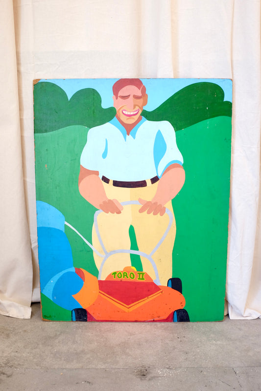 Man and Lawnmower, Folk Art Painting on Board