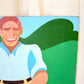 Man and Lawnmower, Folk Art Painting on Board