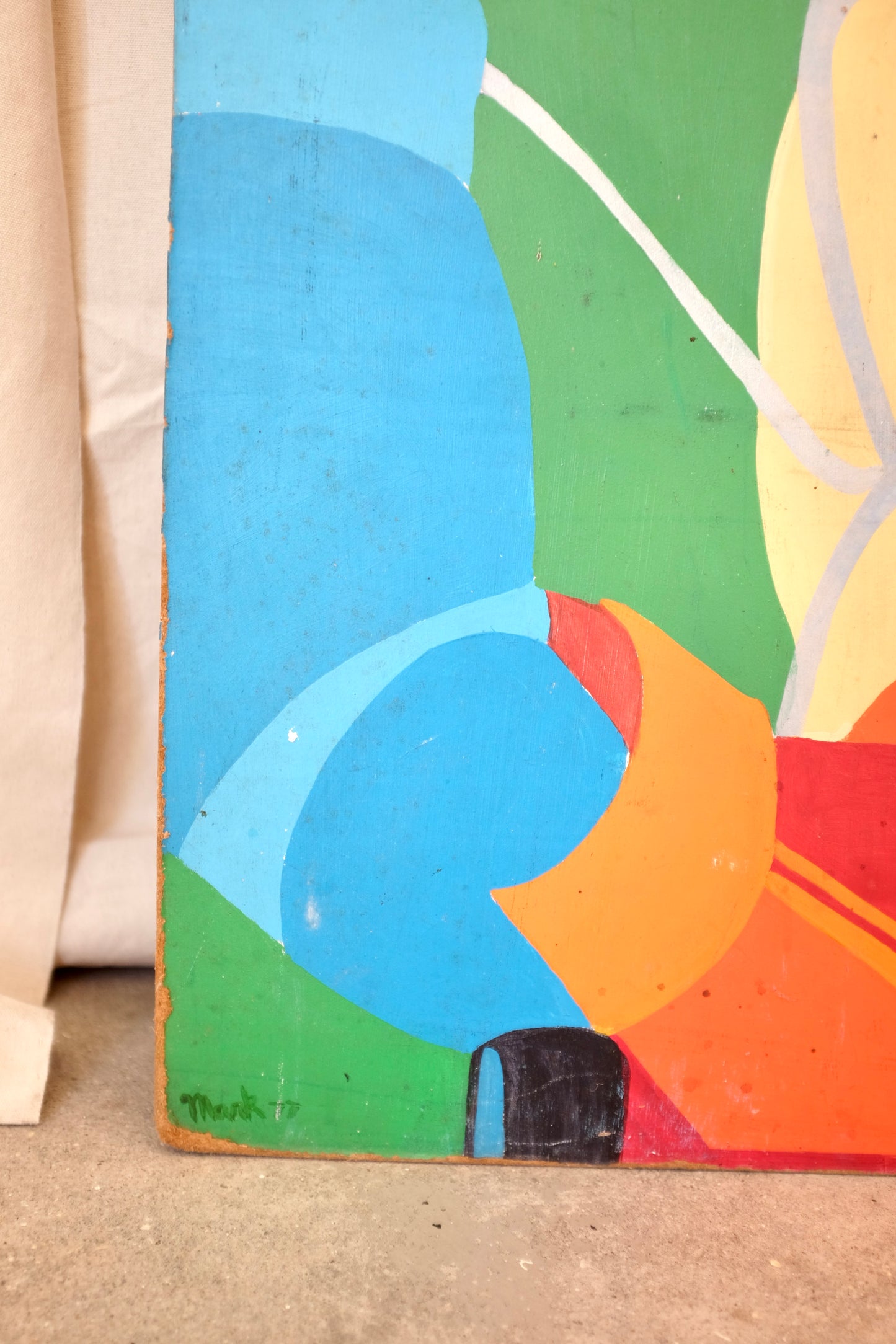Man and Lawnmower, Folk Art Painting on Board
