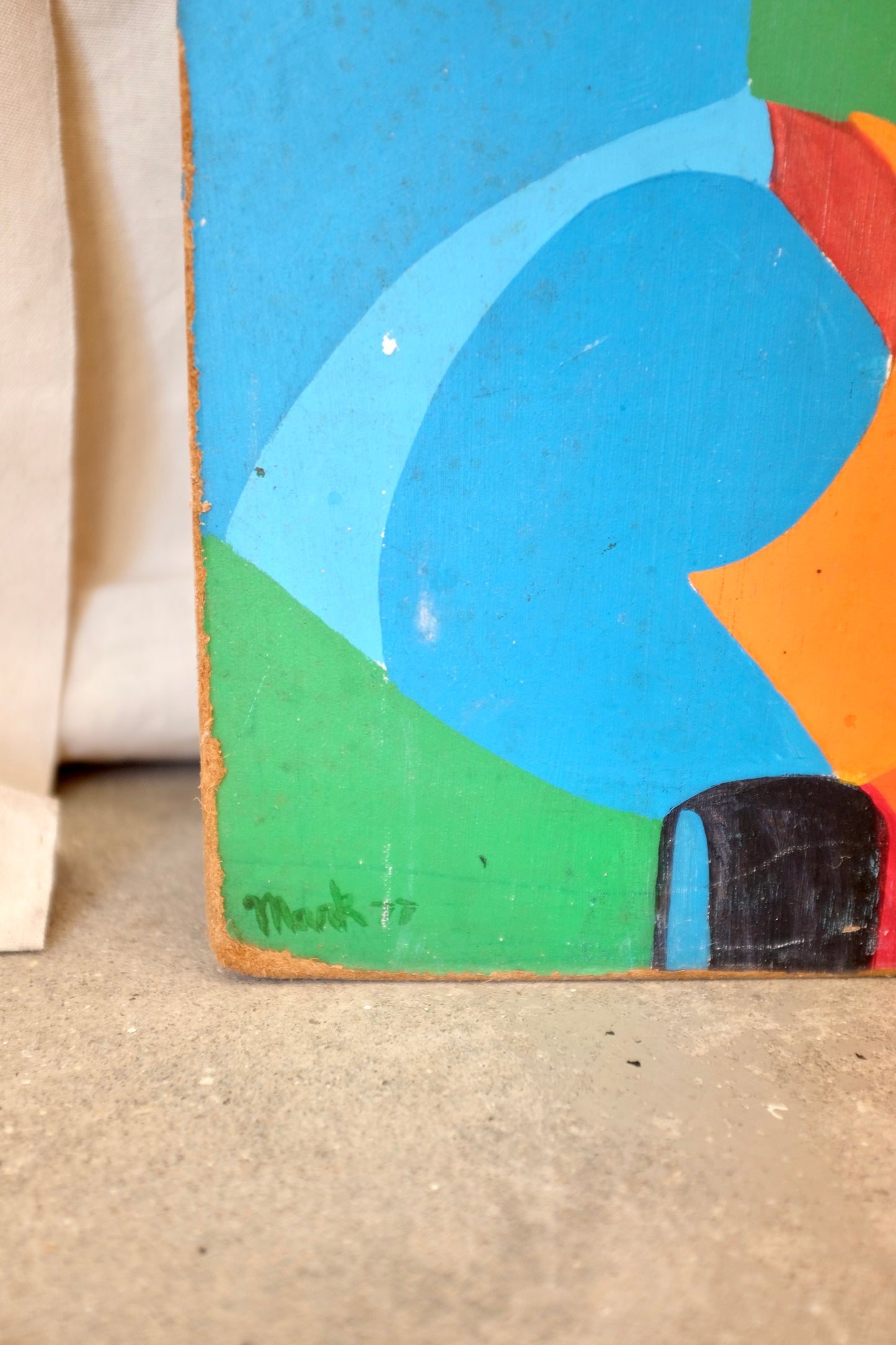 Man and Lawnmower, Folk Art Painting on Board