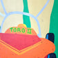 Man and Lawnmower, Folk Art Painting on Board