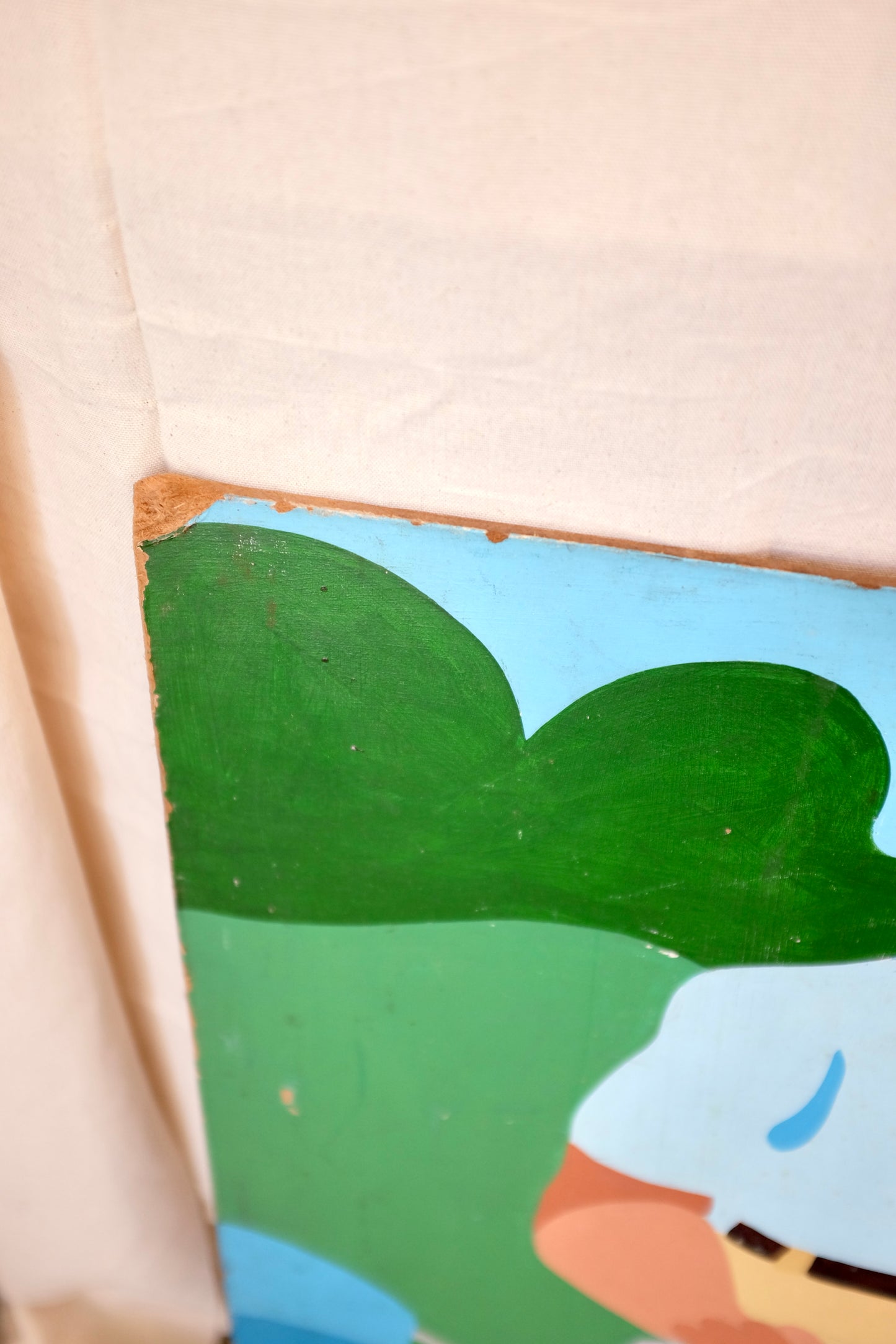 Man and Lawnmower, Folk Art Painting on Board
