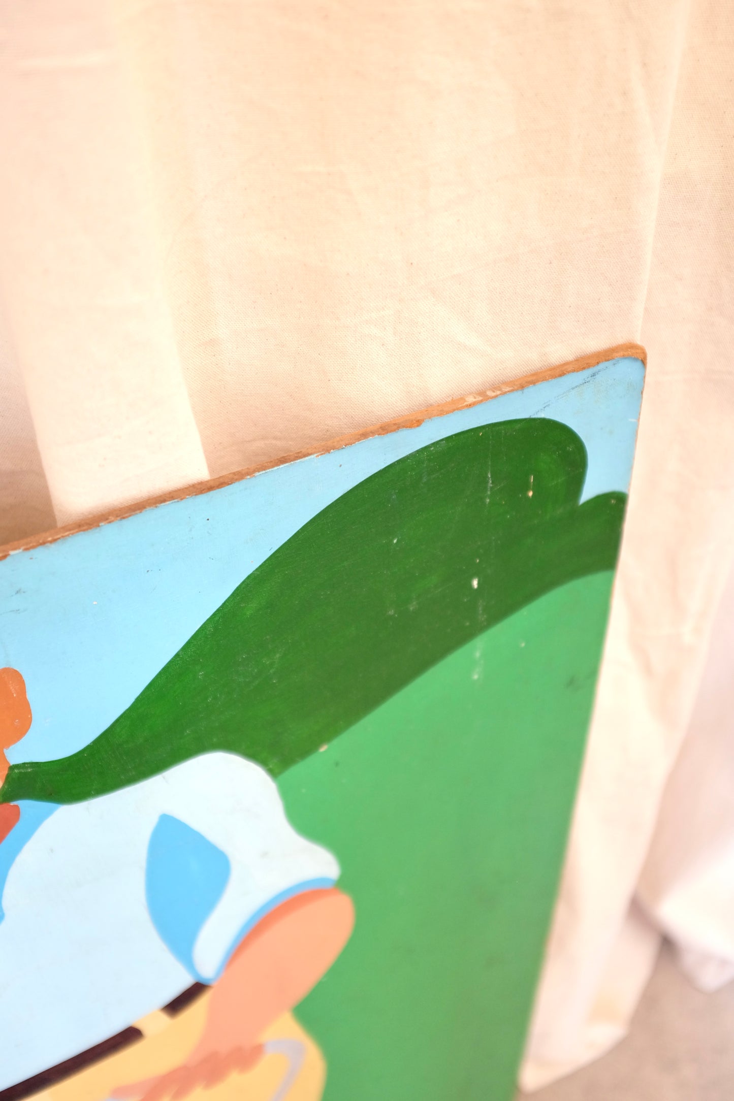 Man and Lawnmower, Folk Art Painting on Board