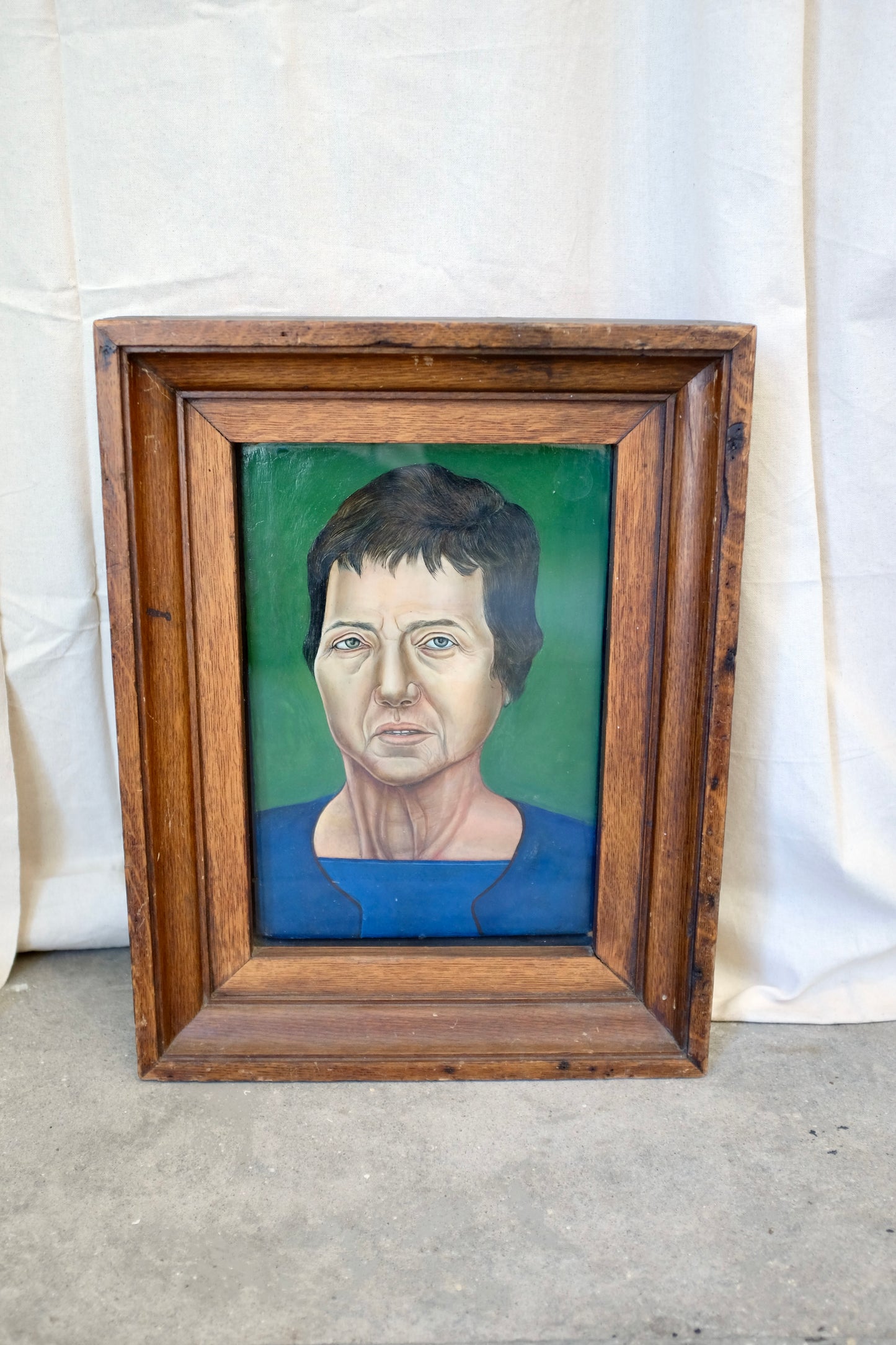 Framed Portrait of Woman on Green, Oil on Plywood