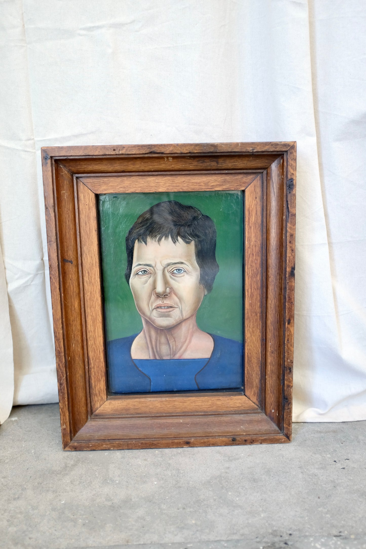 Framed Portrait of Woman on Green, Oil on Plywood