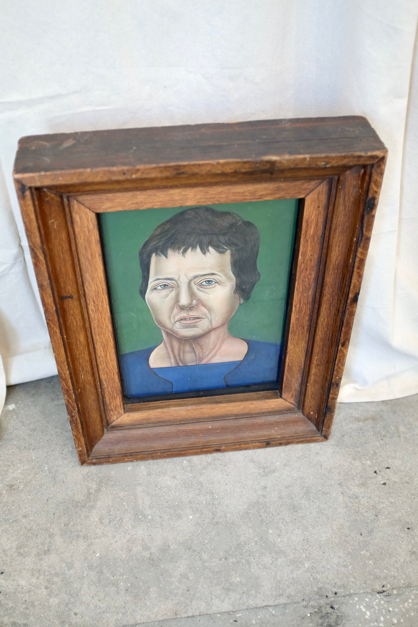Framed Portrait of Woman on Green, Oil on Plywood