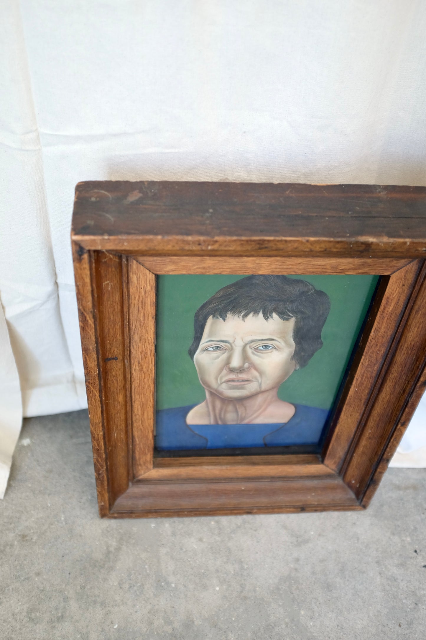 Framed Portrait of Woman on Green, Oil on Plywood