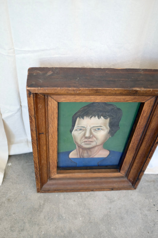 Framed Portrait of Woman on Green, Oil on Plywood