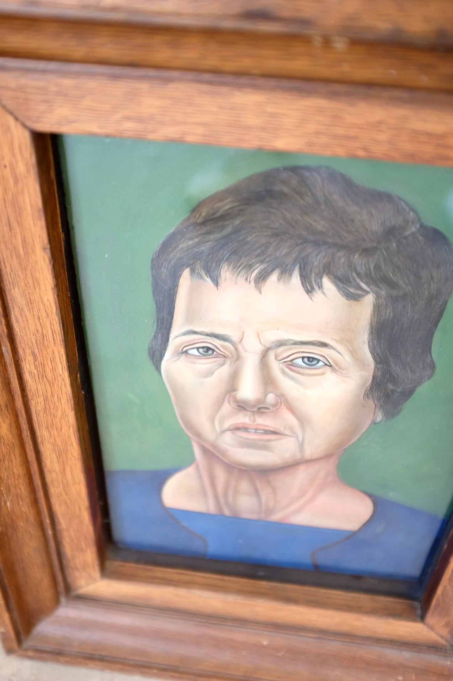 Framed Portrait of Woman on Green, Oil on Plywood