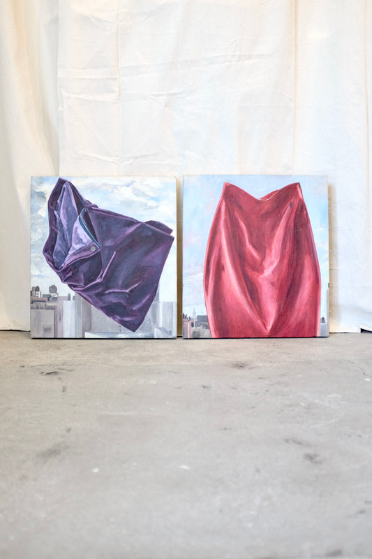Draped Fabric on Cityscape Oil Paintings, Pair Available