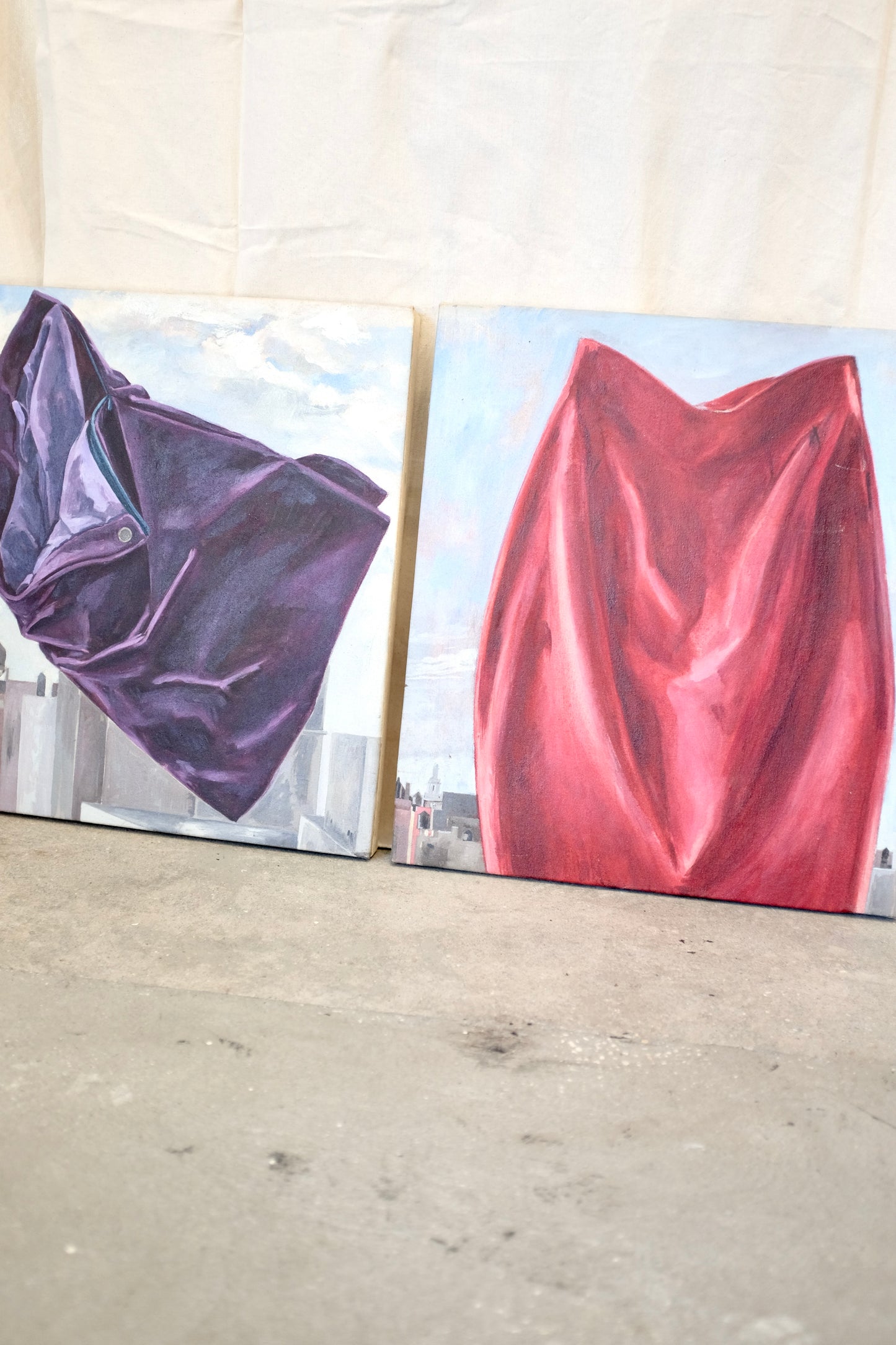 Draped Fabric on Cityscape Oil Paintings, Pair Available