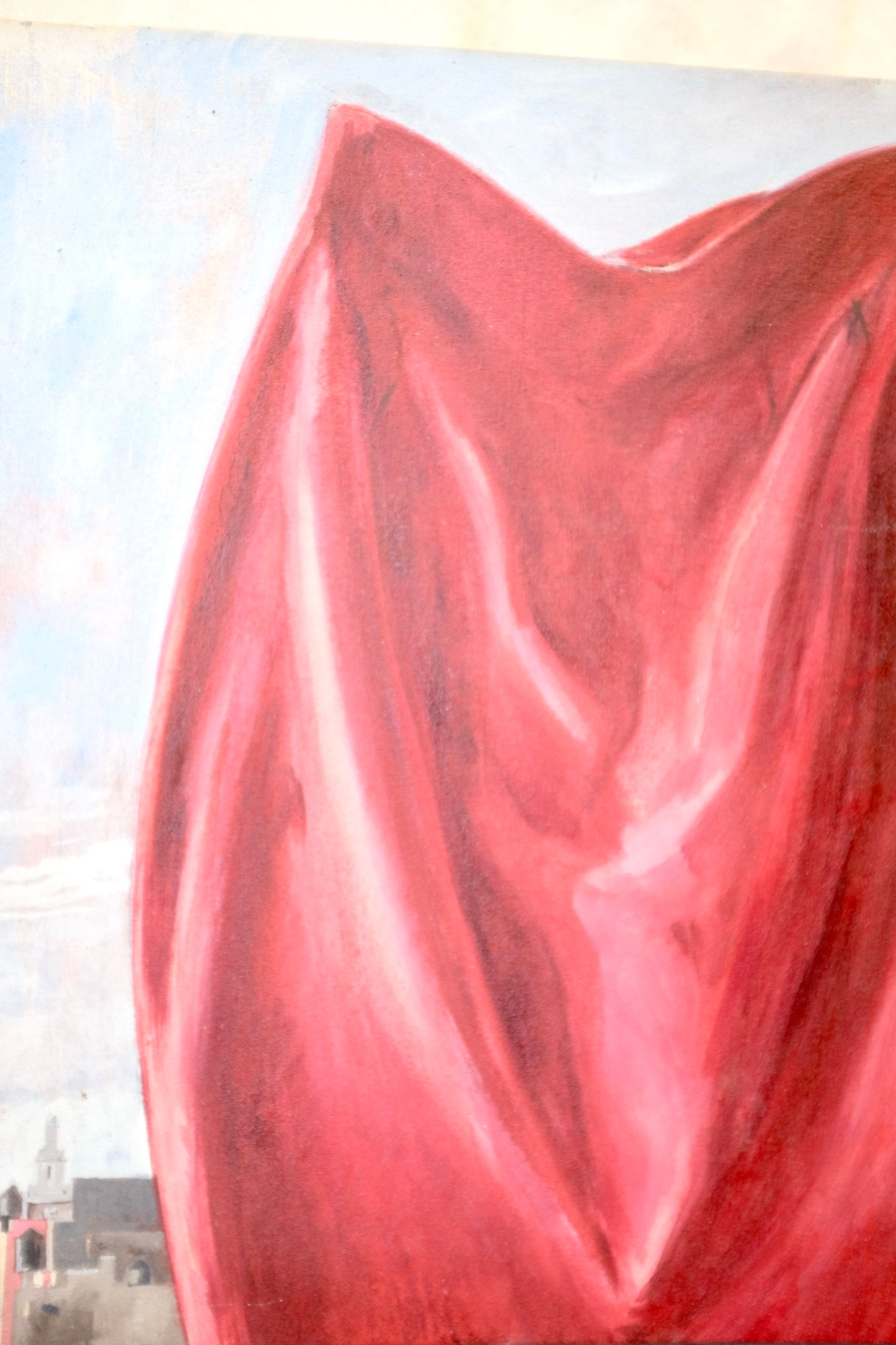 Draped Fabric on Cityscape Oil Paintings, Pair Available