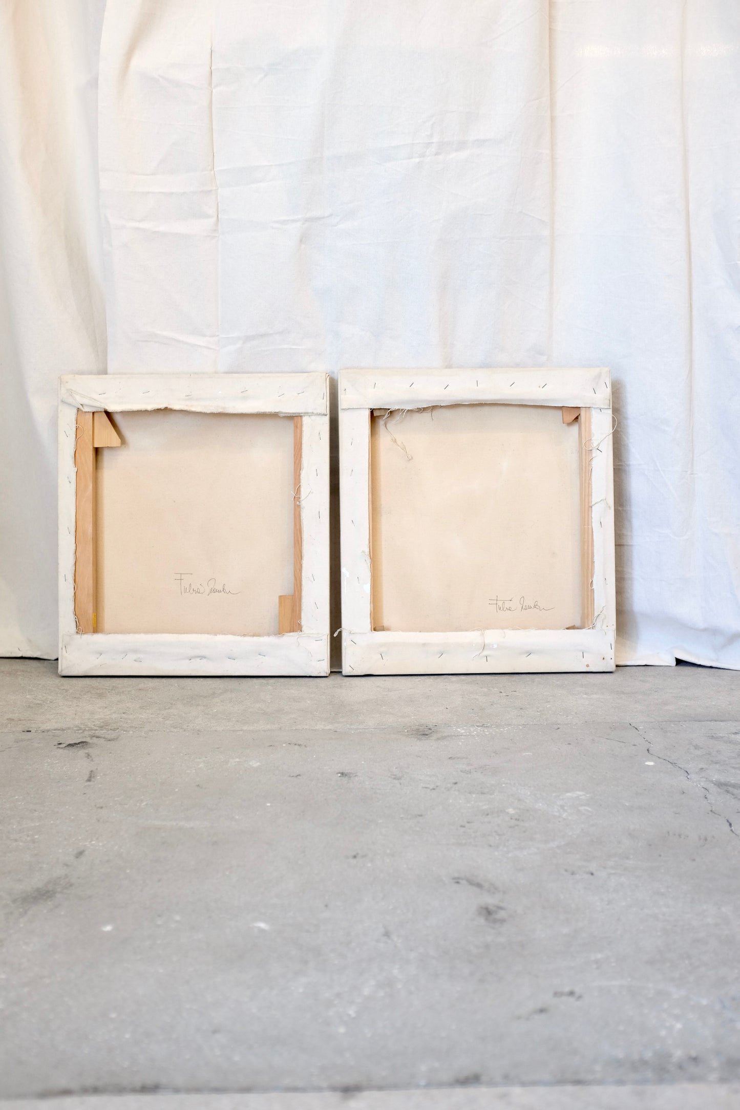 Draped Fabric on Cityscape Oil Paintings, Pair Available