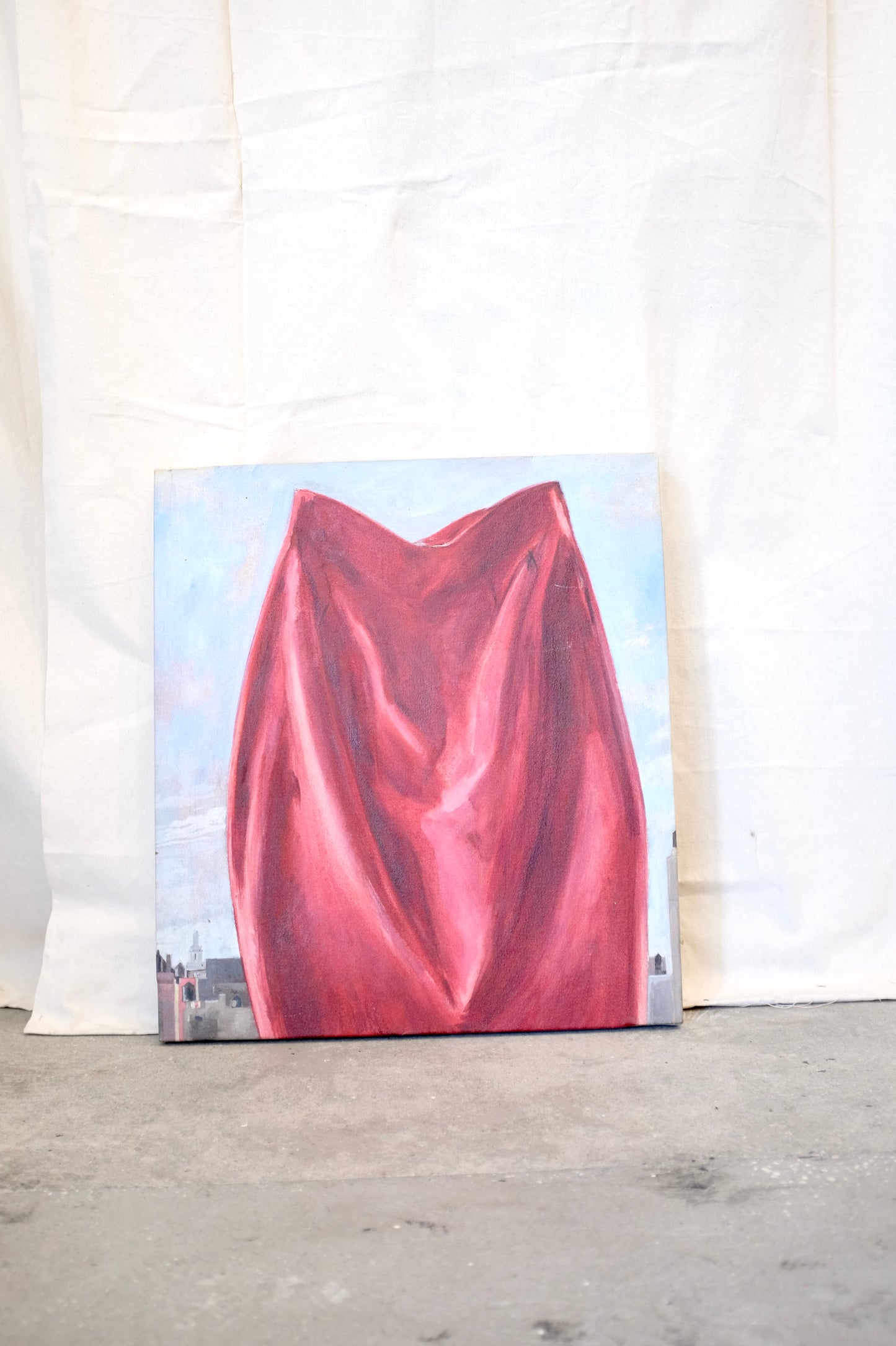 Draped Fabric on Cityscape Oil Paintings, Pair Available