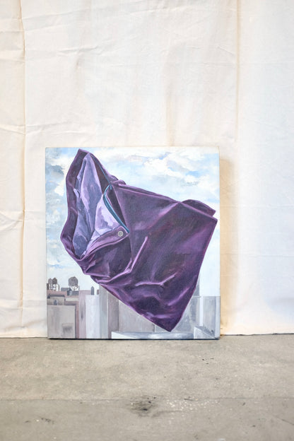 Draped Fabric on Cityscape Oil Paintings, Pair Available