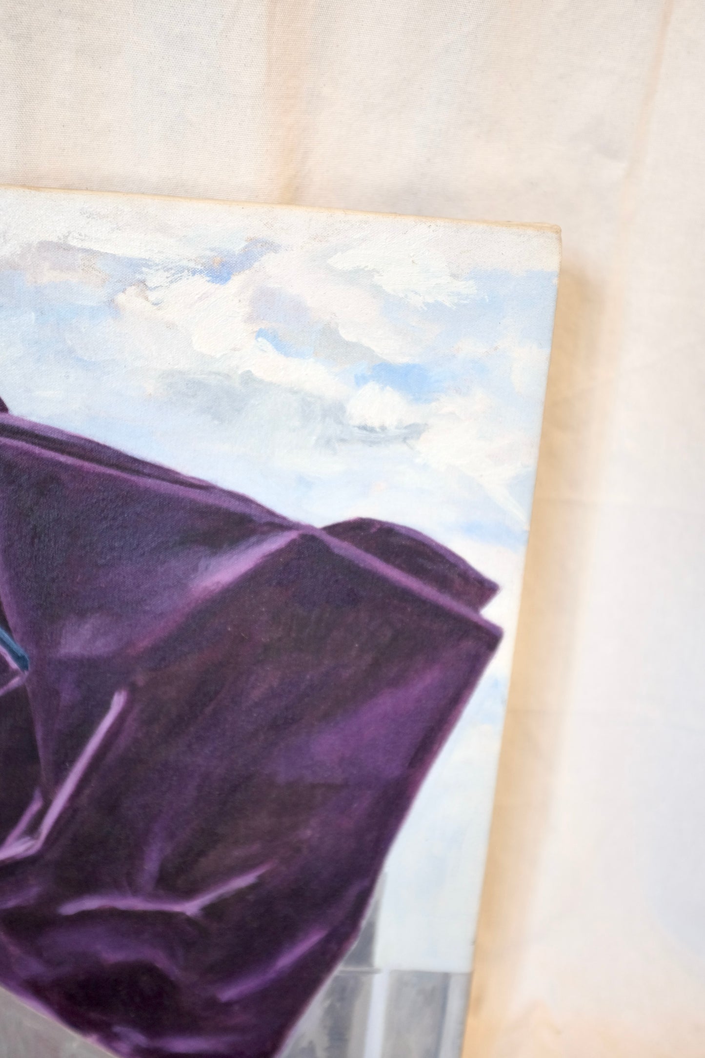 Draped Fabric on Cityscape Oil Paintings, Pair Available