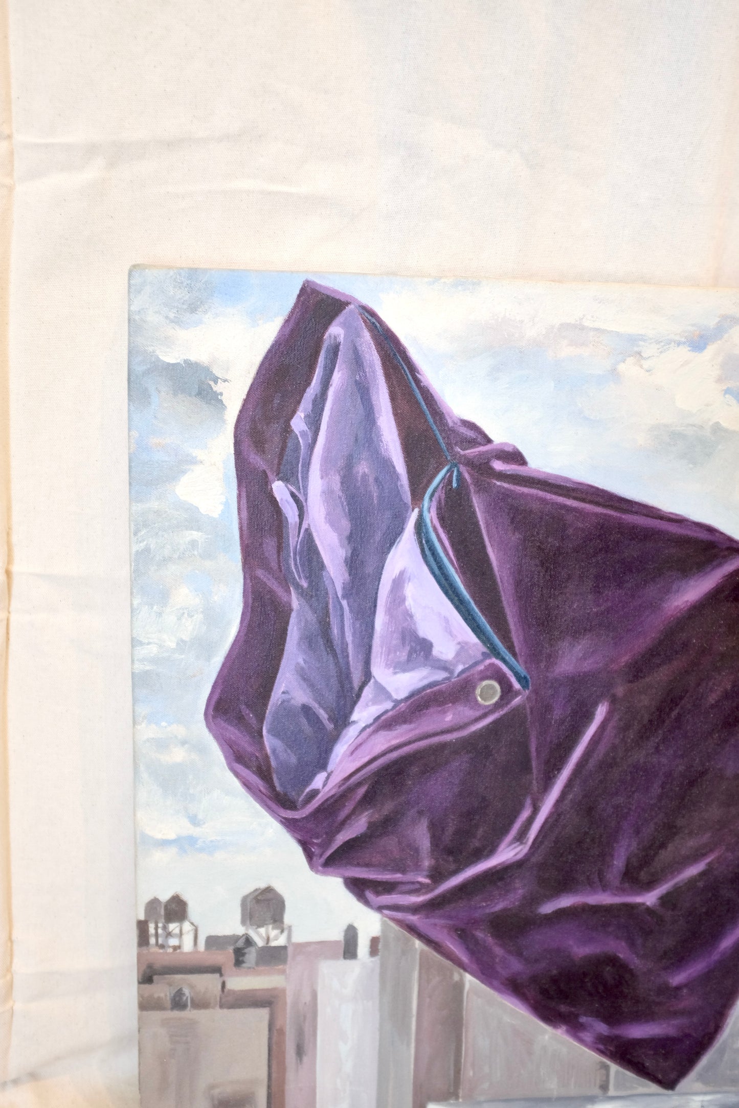 Draped Fabric on Cityscape Oil Paintings, Pair Available