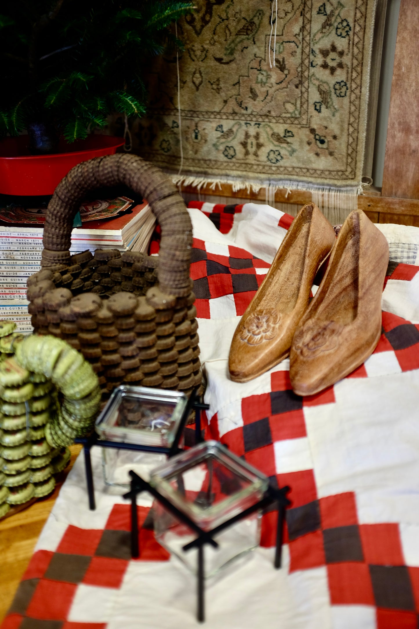 Folk Art Wood Carved High Heel Shoes