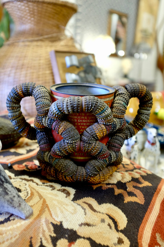 Folk Art Bottlecap Basket Over Red Can