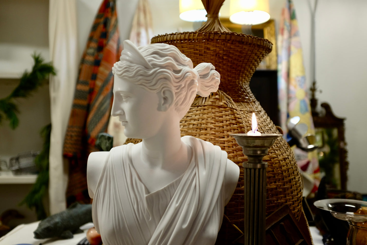 Diana Bust, Cast Marble on Marble Base