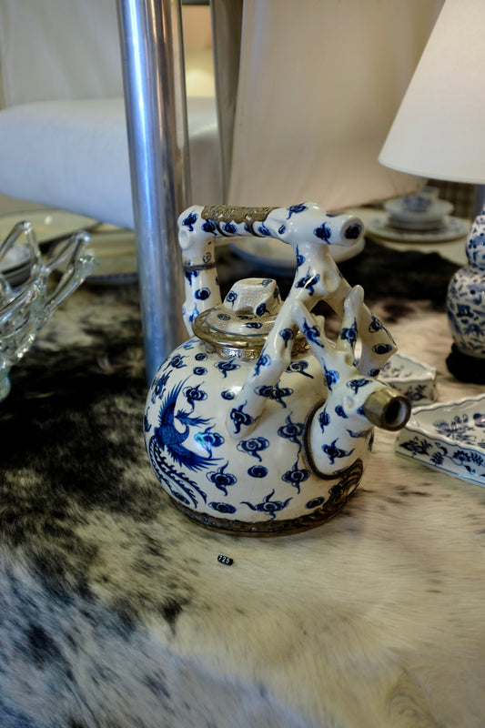 Chinese Blue & White Porcelain Teapot with Silvered Metal Accents, 12.5"h