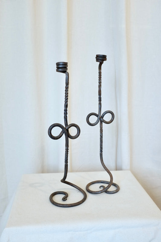 Wrought Iron Coiled Candlesticks, Pair