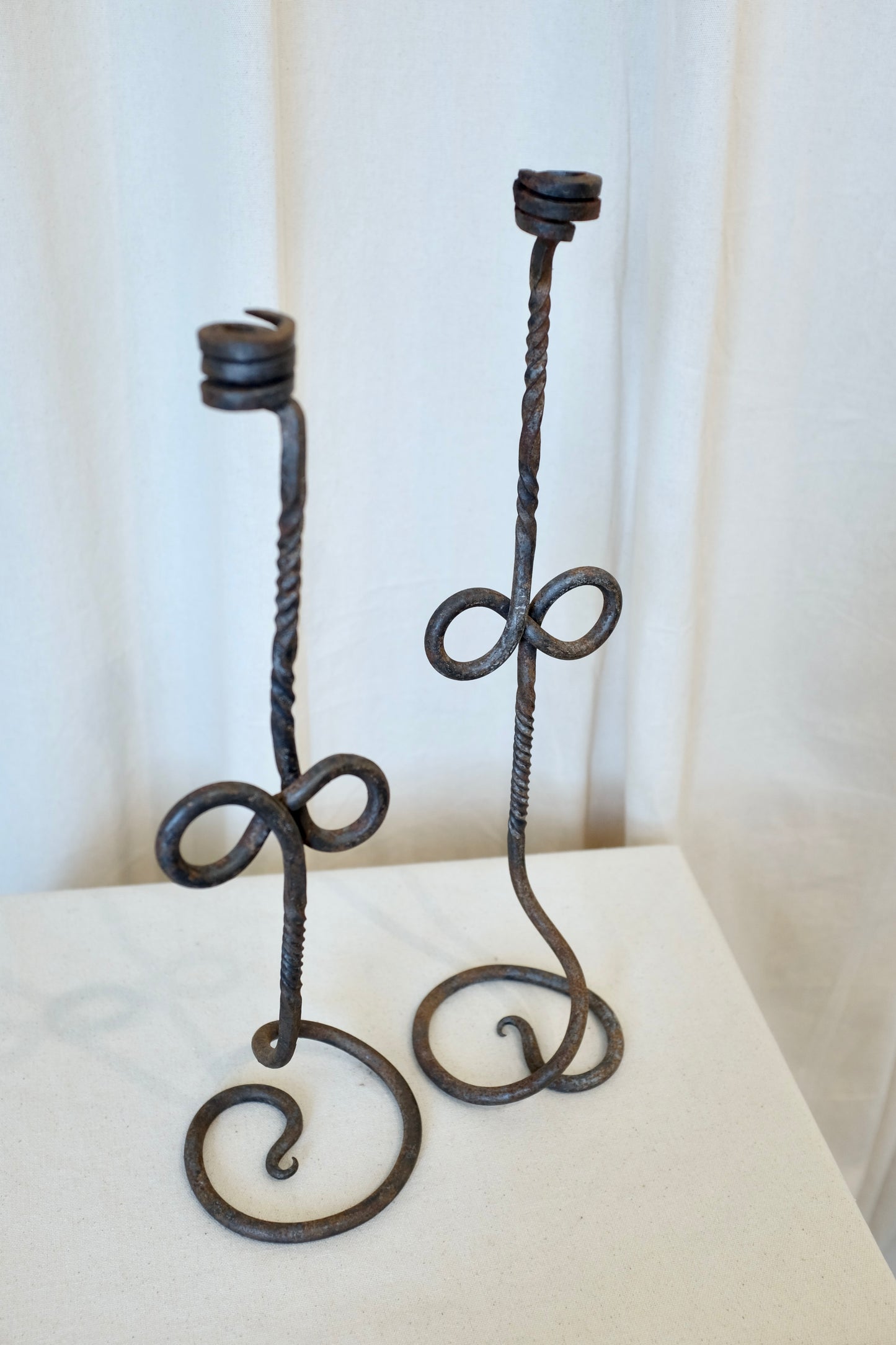 Wrought Iron Coiled Candlesticks, Pair