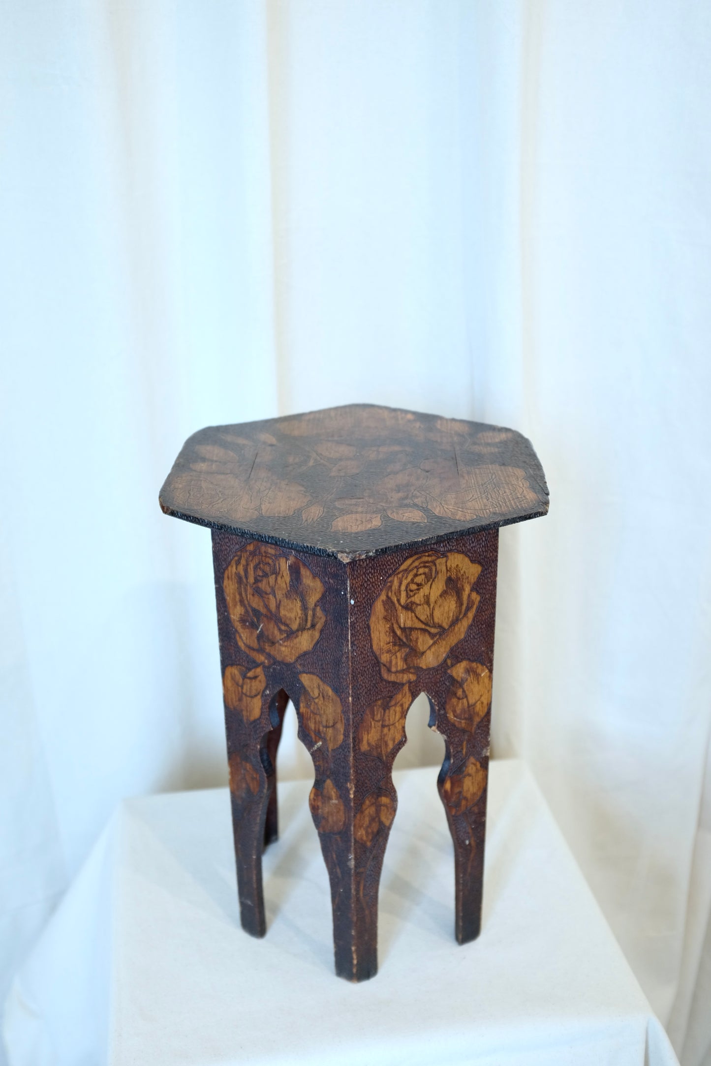 Flemish Art Pyrography Side Table with Roses