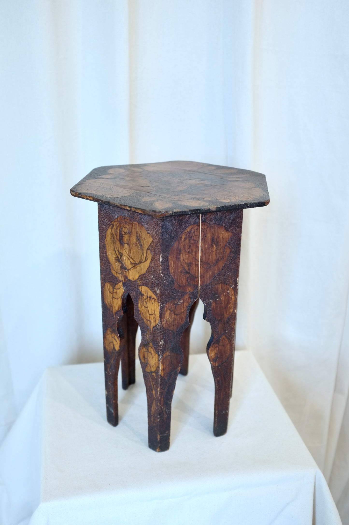 Flemish Art Pyrography Side Table with Roses