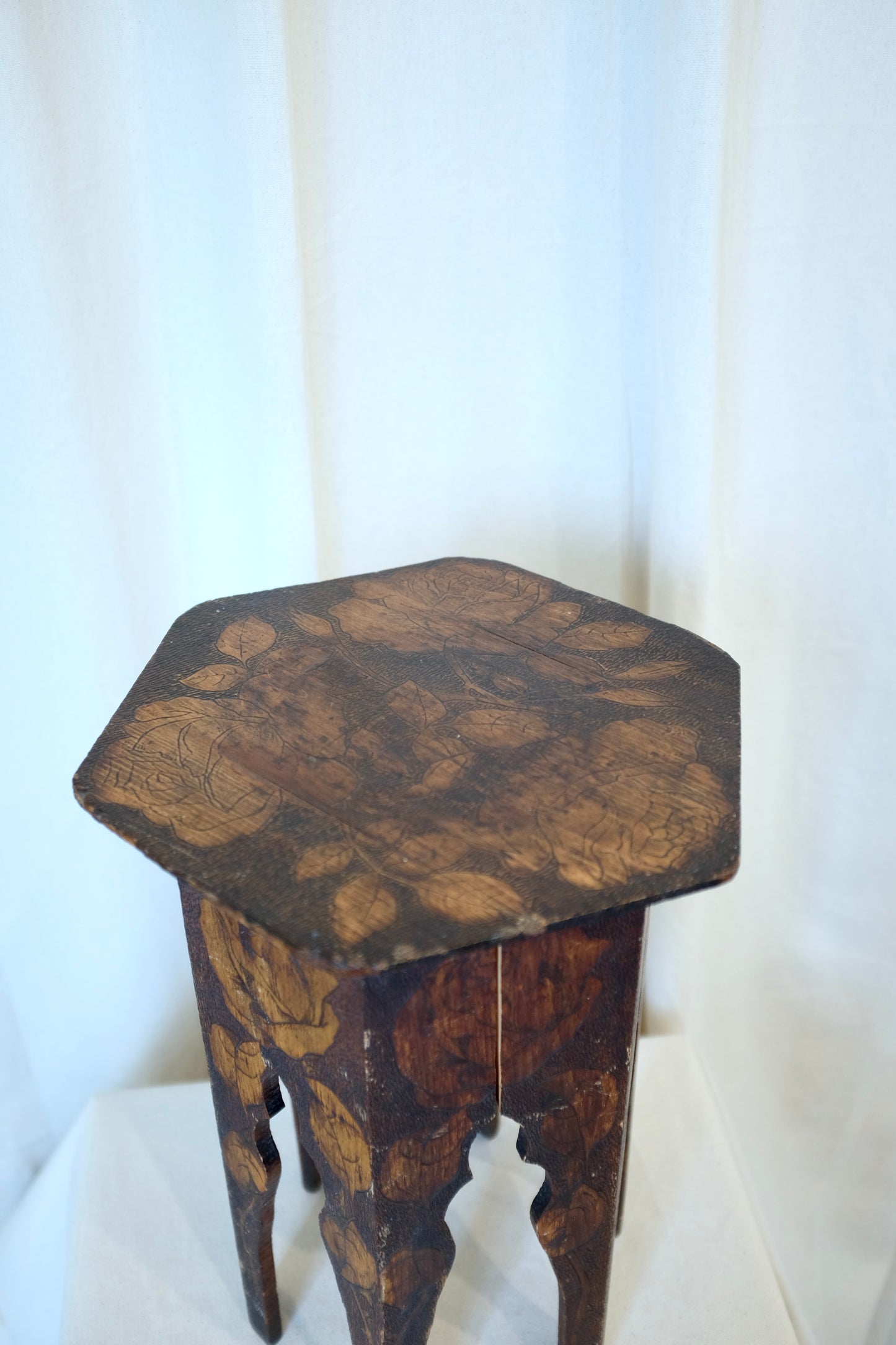 Flemish Art Pyrography Side Table with Roses