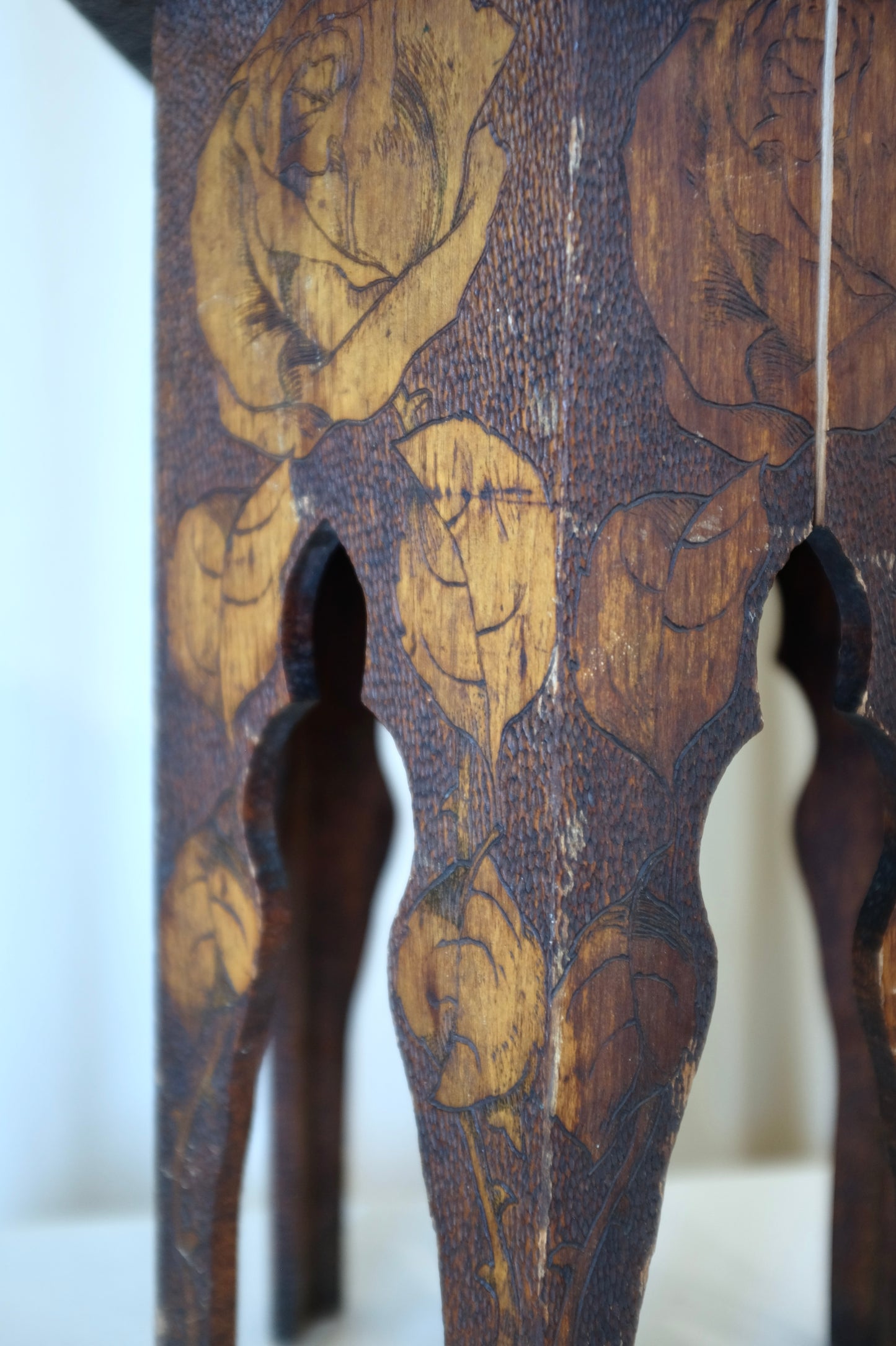 Flemish Art Pyrography Side Table with Roses