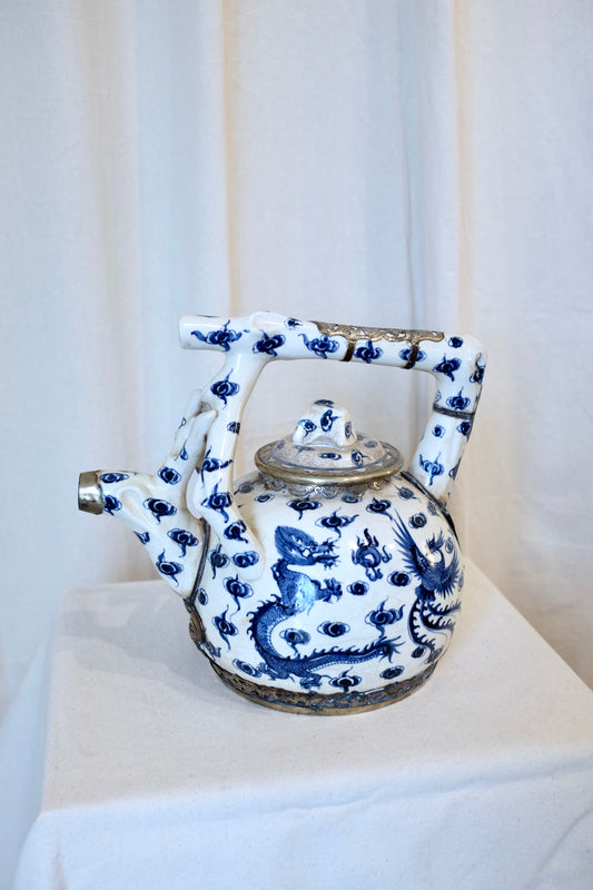 Chinese Blue & White Porcelain Teapot with Silvered Metal Accents, 12.5"h