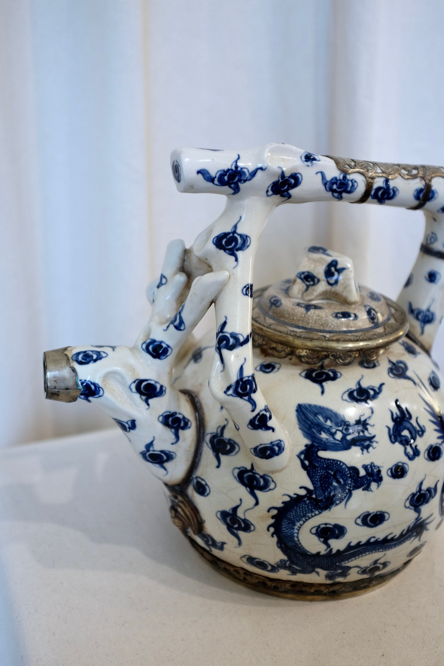 Chinese Blue & White Porcelain Teapot with Silvered Metal Accents, 12.5"h