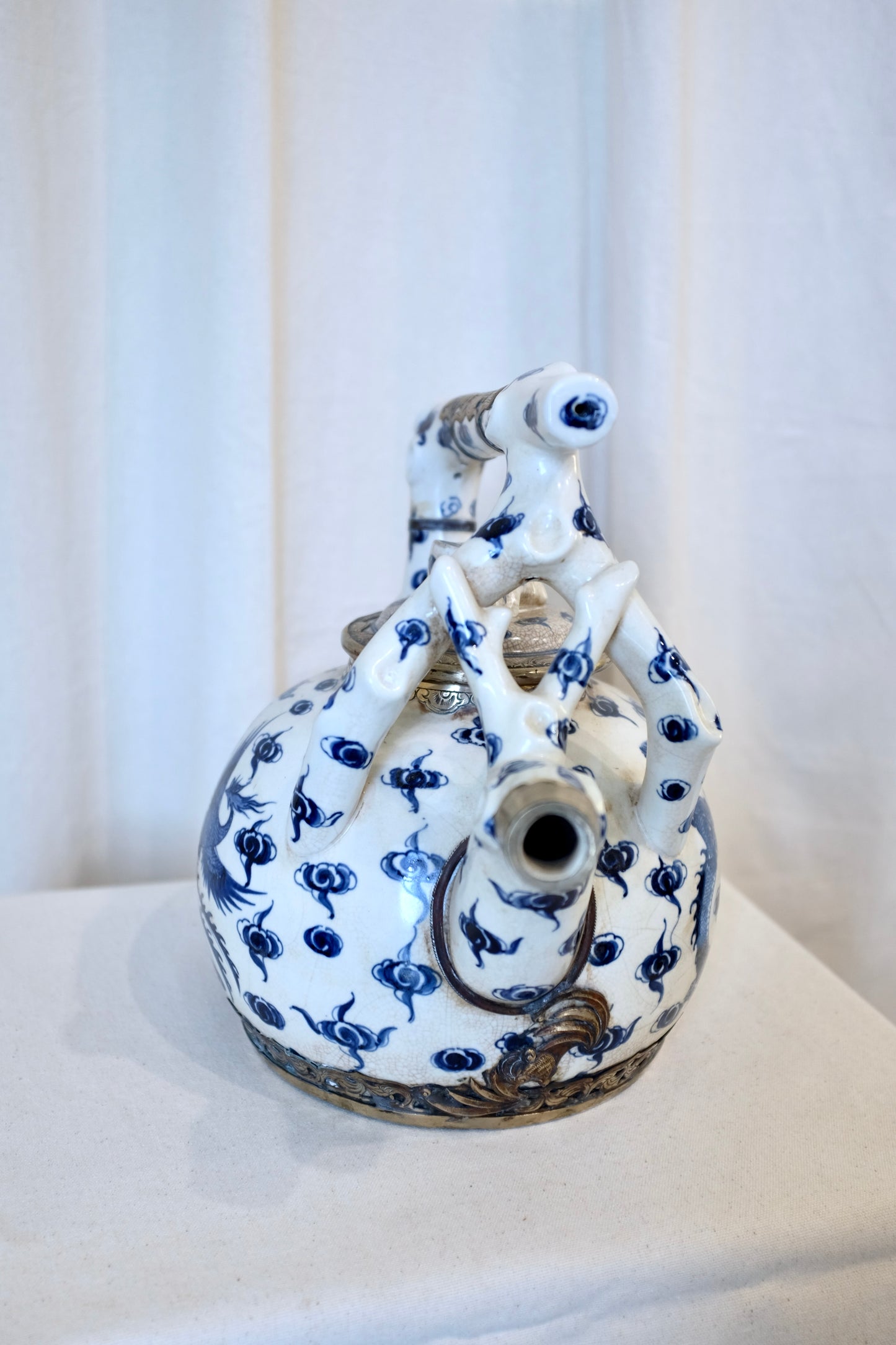 Chinese Blue & White Porcelain Teapot with Silvered Metal Accents, 12.5"h